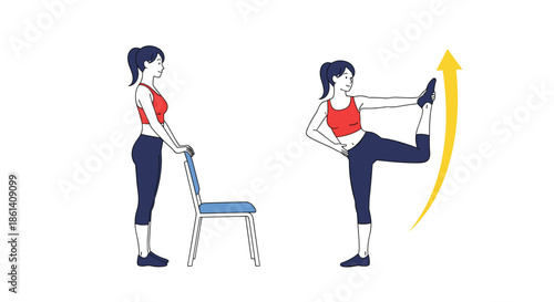 Fitness illustration shows a woman in athletic wear performing a leg stretching exercise using a chair for balance.