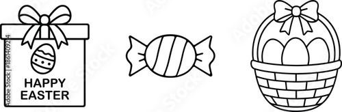 Minimal Easter basket with decorated eggs line art illustration