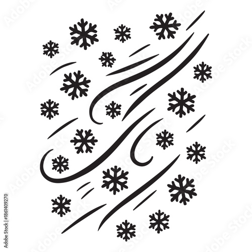 Graphic illustration depicting a whimsical flurry of diverse black snowflakes caught in the brisk winter wind, symbolizing the beauty and movement of a snowy season