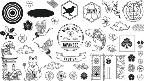 Retro Japanese festival icon set with traditional symbols, animals, flowers, waves, clouds, and cultural elements in black outline style