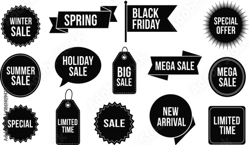 Set of black sale labels and promotional badges, discount marketing stickers for retail, seasonal offers and shopping campaigns