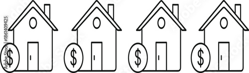 Row of house icons with dollar symbols, real estate investment and property pricing concept, minimal line illustration isolated on white