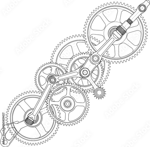 Industrial mechanical gear system with metal cogs wheels and connecting rods technical line art drawing vector for engineering concept.