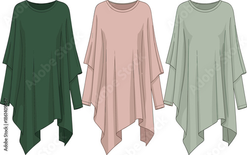 Set of women flowing tunic tops in pastel colors, long sleeve fashion apparel illustration isolated on white background