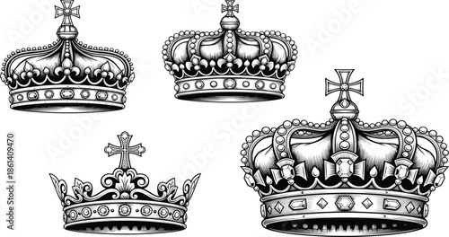 Set of detailed royal crowns vintage engraving illustration, monarch headwear collection, heraldic luxury symbols isolated on white background