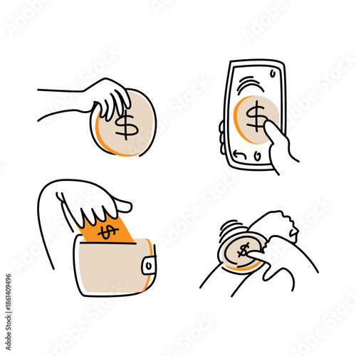 Financial Transactions and Digital Payment Hand Drawn Illustration Gestures