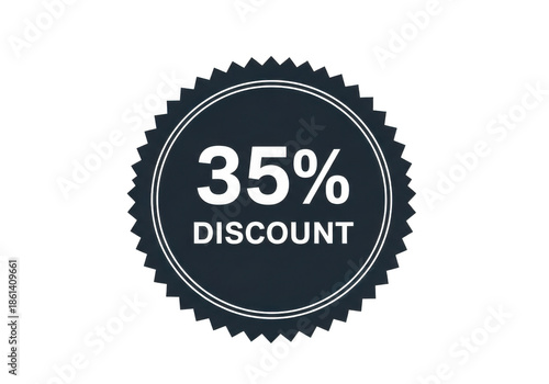 Dark circular badge with a serrated edge, displaying '35% DISCOUNT' in large white numbers and text. isolated on transparent background