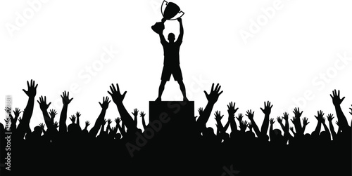 Silhouette of a person standing on a podium with raised hands in a crowd