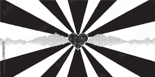 An abstract black and white grunge texture design featuring a sun pattern and light wood illustration with a brown glass dart wheel