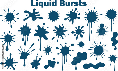 Collection of diverse liquid burst splatters and ink blot shapes