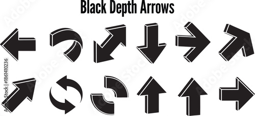 Dynamic black depth arrows vector set illustrating movement and direction change