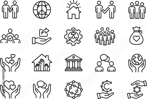 Community care and social support line icons set featuring teamwork charity collaboration trust global unity nonprofit people helping hands connection cooperation  illustration