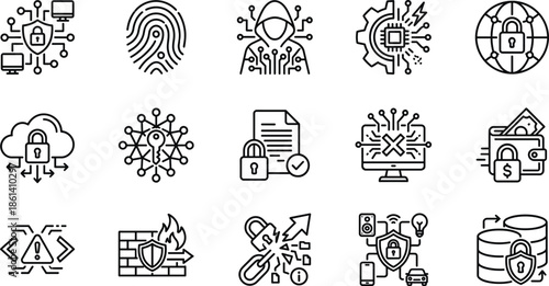 Cyber security and data protection line icons set with network privacy encryption  line icons set with network privacy encryption firewall hacking symbols outline vector illustration