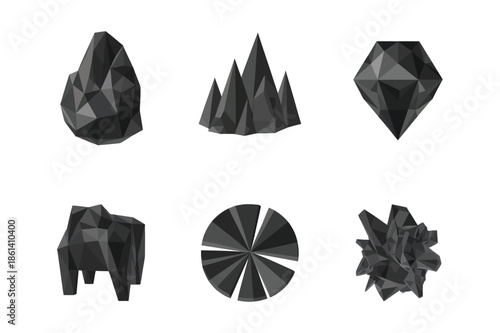 Abstract low poly black geometric stones and crystal minerals