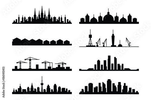 Collection of city skyline silhouettes and industrial harbor icons