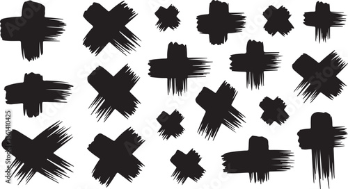 Abstract hand drawn black brush stroke cross marks collection on white background