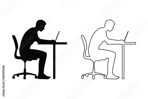 Man sitting at desk with laptop showing poor posture silhouette