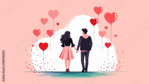 Couple holding hands and walking together surrounded by floating hearts on a pink background