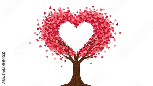 A brown tree with heart-shaped leaves and red petals blooming in a white environment