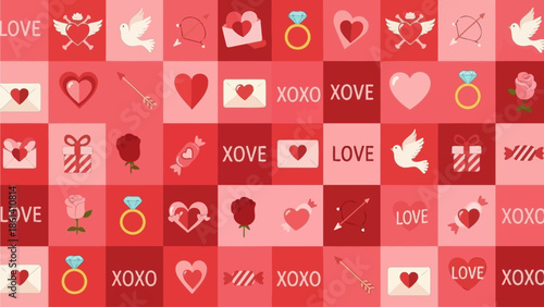 A vibrant grid of red and pink squares featuring various love symbols and icons from different viewpoints