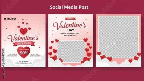 Valentine's Day social media post templates with heart designs and promotional offers