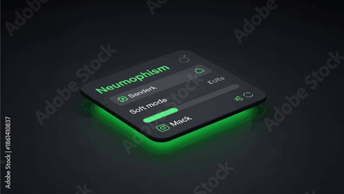 A neon sign with glowing green text on a black background is illuminated from within displaying a user interface
