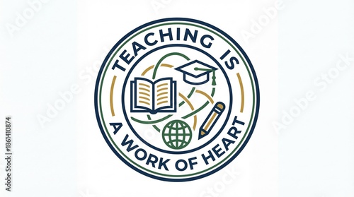 Teaching is a work of heart education logo with book and graduation cap
