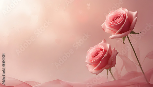 Two Pink Roses on Soft Pink Background with Fabric and Hearts