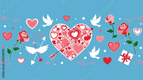 Hearts and Roses: A romantic composition featuring hearts, roses, doves, and a gift box against a blue backdrop, celebrating love and affection.