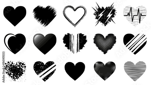 A collection of black heart icons with varied designs and textures on a white background.