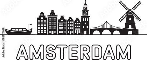 Amsterdam city skyline silhouette vector featuring landmark dutch buildings bridge and mill