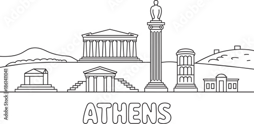 Athens greece panorama cityscape flat line art travel attraction famous destination