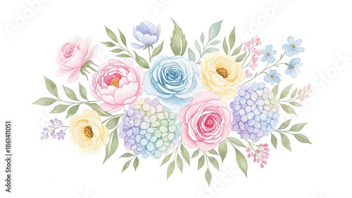 Vibrant floral arrangement with pastel roses and hydrangeas