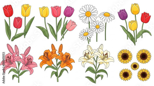 Vibrant flowers including tulips, lilies, sunflowers, and daisies
