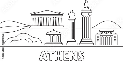 Athens greece panorama cityscape flat line art travel attraction famous destination