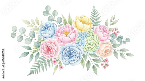 Vibrant floral bouquet with pastel roses and hydrangeas arrangement