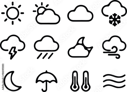 cloud weather black line icon set vector illustration collection style