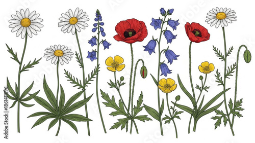 Vibrant wildflowers in full bloom with green stems and leaves