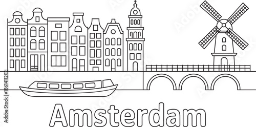 Amsterdam city outline skyline vector with traditional canal houses bridge boat and windmill
