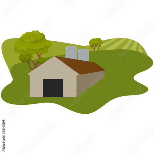 Illustration vectorielle d’une ferme avec champs et silos