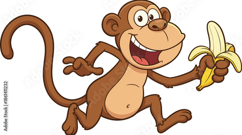 Happy Cartoon Monkey Character Running and Smiling While Holding a Peeled Yellow Banana Vector Illustration Isolated on a White Background