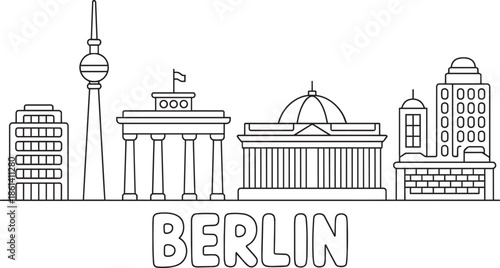 Berlin skyline outline vector illustration with famous landmarks and city name text