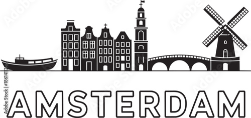 Black silhouette of Amsterdam city skyline including canal houses windmill bridge and a boat