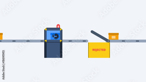 Automated conveyor belt detecting defect product rejected vector