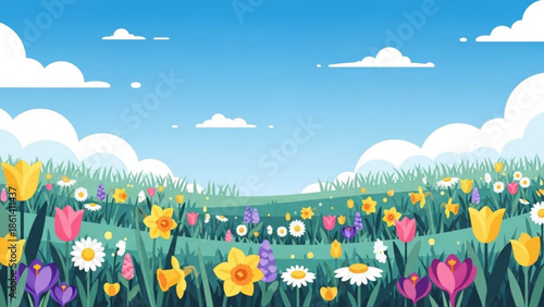 Vibrant spring flowers blooming in a lush green meadow under a bright blue sky