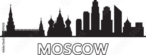 Moscow city skyline black silhouette vector with saint basil cathedral and modern skyscrapers