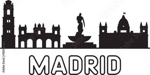 Madrid skyline silhouette vector showing landmarks including tower fountain and building tops