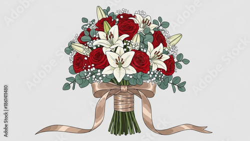 Romantic bouquet of red roses and white lilies with elegant ribbon