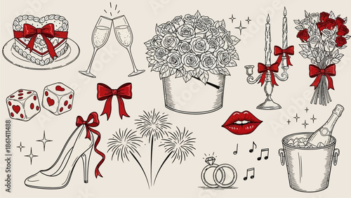 Romance Illustration: A captivating monochrome illustration filled with romantic elements, including a heart-shaped cake, champagne flutes, roses, candles, a high heel, dice, fireworks.