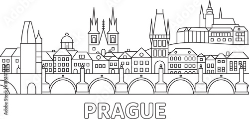 Prague czech republic city skyline line art vector with charles bridge and landmark buildings